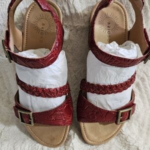 Sandals - Red Embossed Leather Women's Shoes